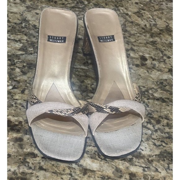 Stuart Weizman Square-Toe Snake-Print Leather Crossover Slide Block Heel Sandals - Picture 1 of 6